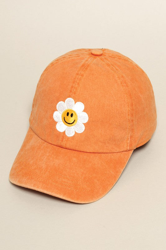 Happy Face Flower Embroidered Baseball Cap