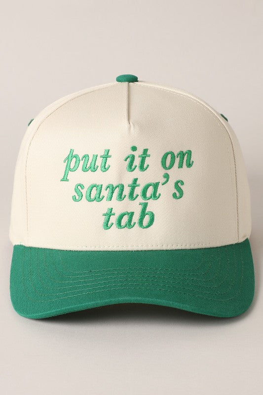 Funny holiday trucker hat with "Put It On Santa’s Tab" embroidered text.
Green and red festive hat perfect for Christmas parties.
Adjustable cotton hat with playful holiday design.